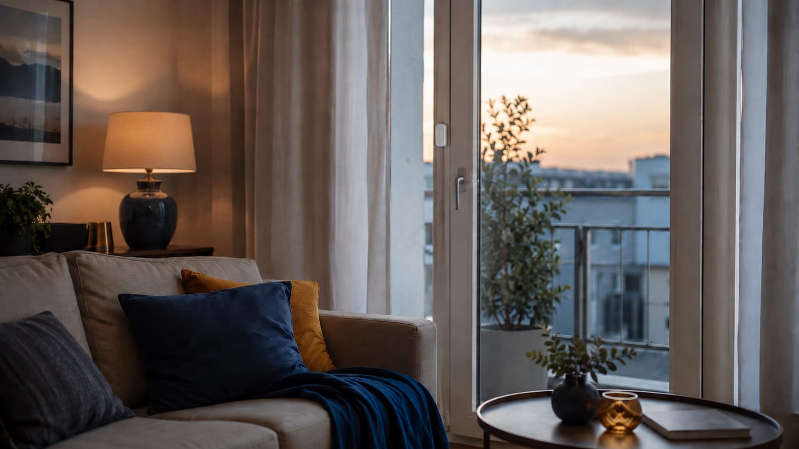 Gemütliche Wohnung bei Dämmerung mit Balkontür und dezenter Alarmtechnik — Alarmanlage für die Wohnung