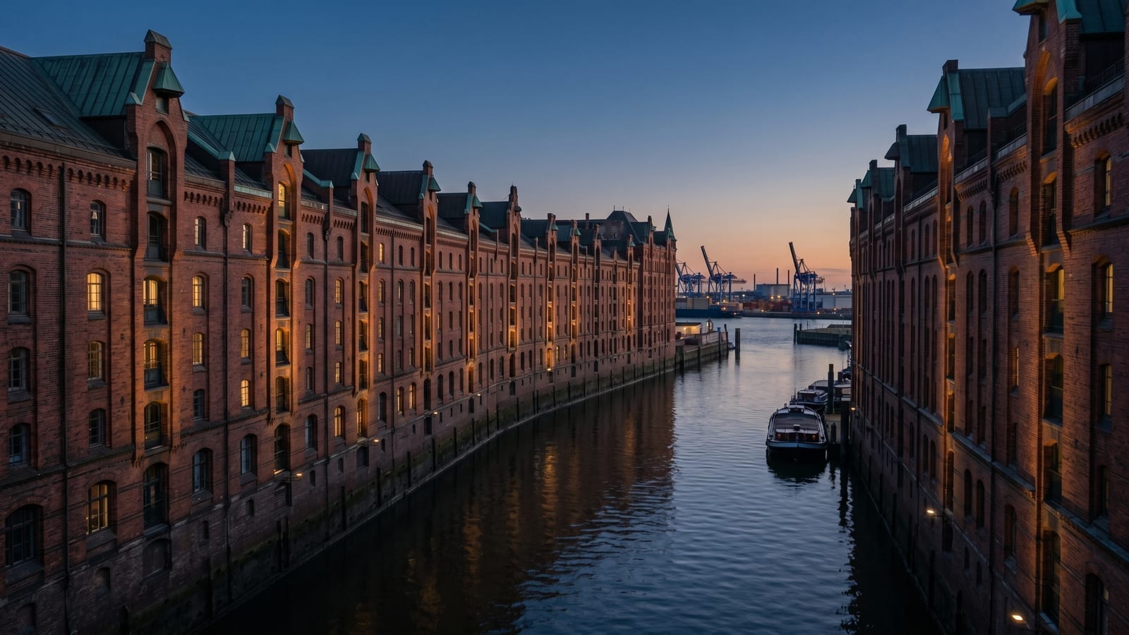 Hamburger Speicherstadt zur Blauen Stunde — historische Klinkerfassaden am Wasser