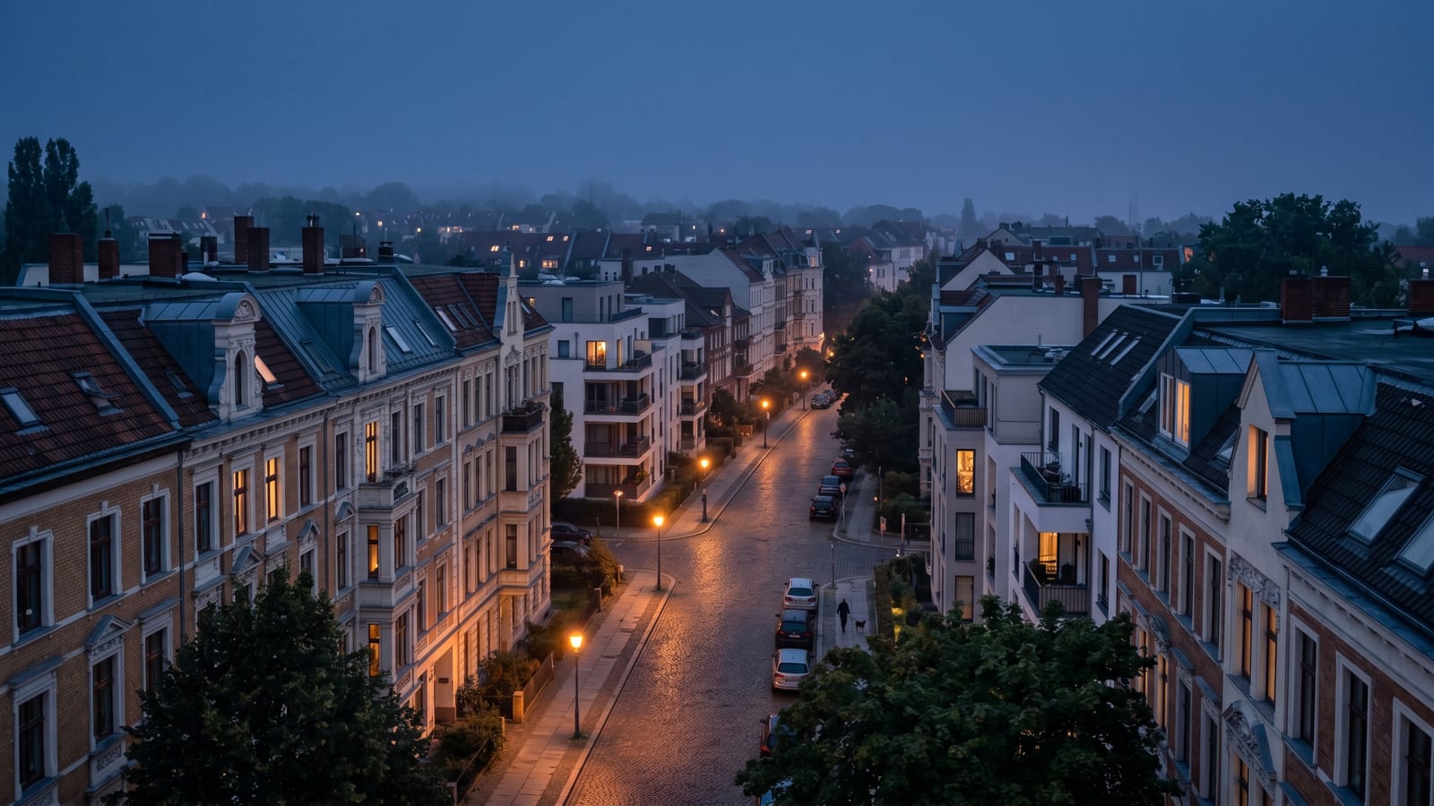 Deutsches Wohnquartier zur Blauen Stunde — Altbau und moderne Häuser, warme Fensterlichter